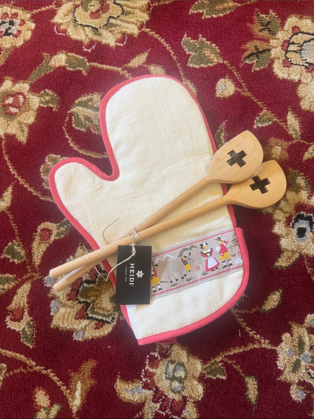 Oven Mitt with Decorative Trim and Wooden Spoons
